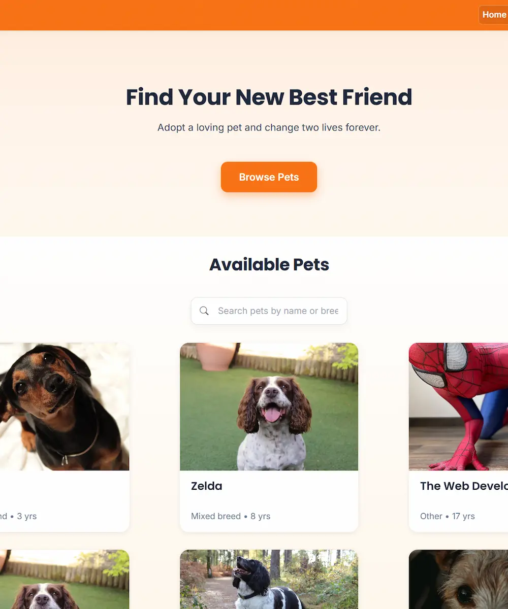 PetAdopt homepage with pet listings
